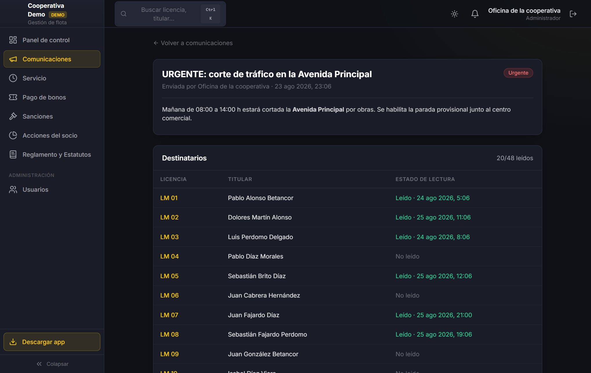 Portal privado: lista de usuarios con constancia de lectura