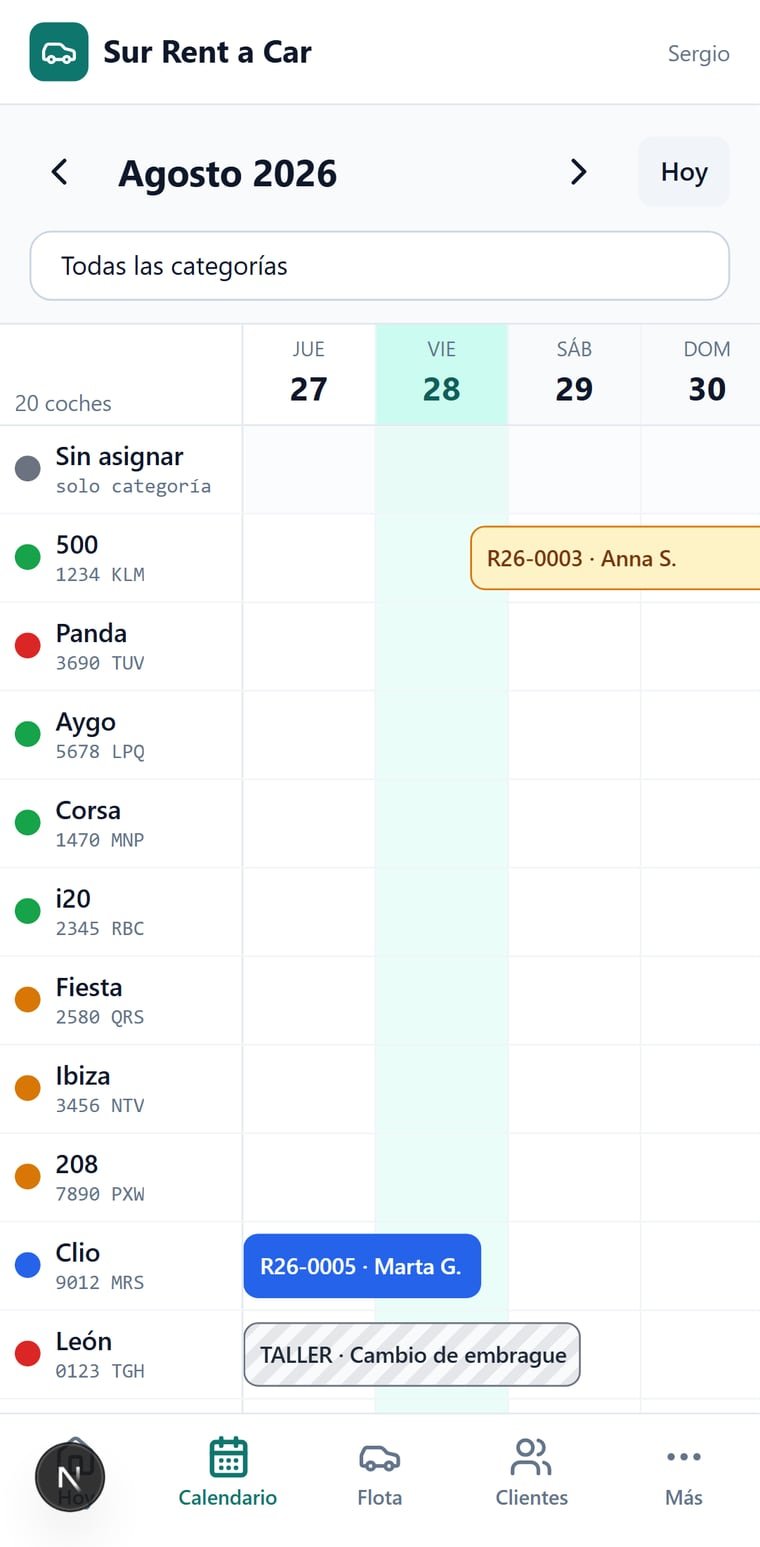 Calendario de la flota con las reservas y los coches en taller