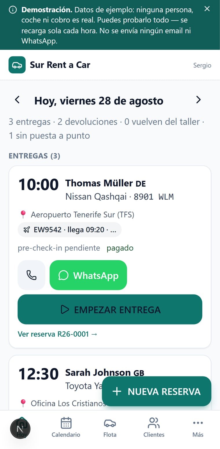 Agenda del día en la app de rent a car: entregas, devoluciones y estado de cada coche
