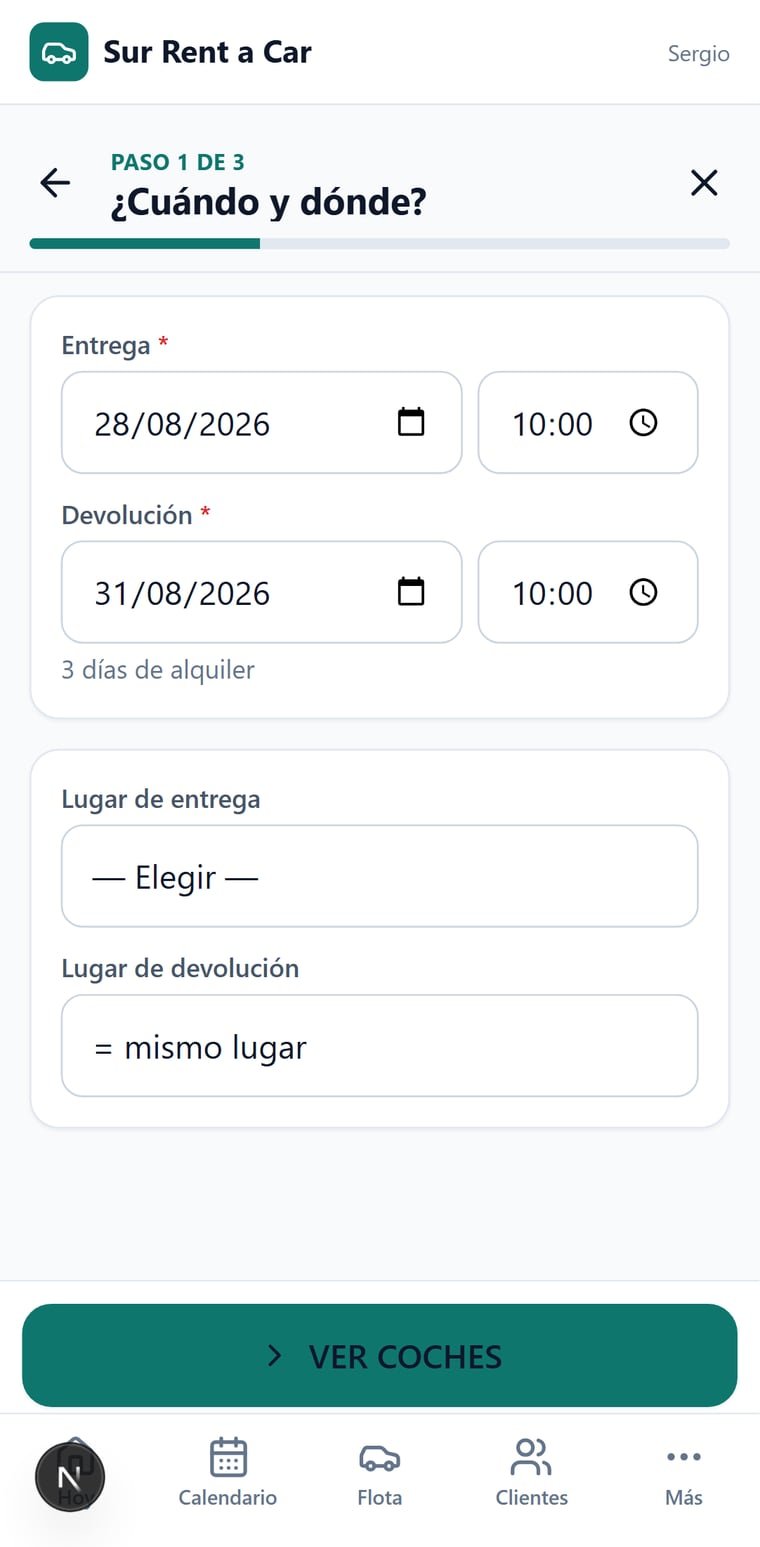 Nueva reserva en la app de alquiler de coches: fechas, lugar de entrega y coches disponibles