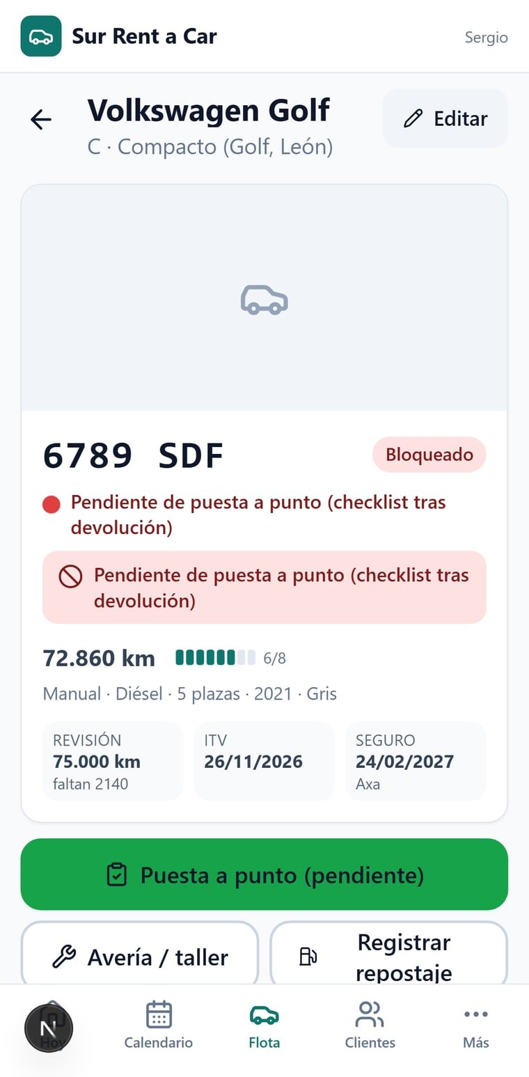 Ficha de un vehículo con kilómetros, ITV, seguro y próxima revisión